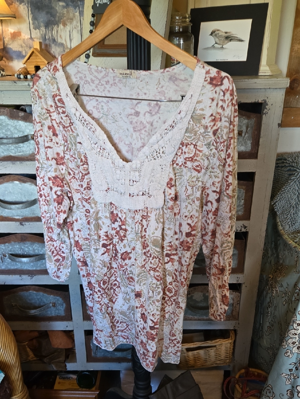 Boho Floral Crochet Yoke Tunic - White with Rust & Olive Print